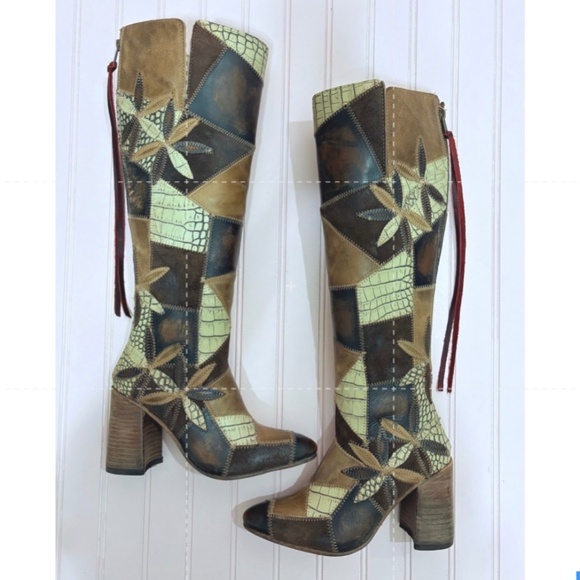 FREE BIRD BY STEVEN JUNO OLIVE MULTI COLOR PATCHWORK TALL BOOTS HANDMADE SIZE 6 - Picture 1 of 13